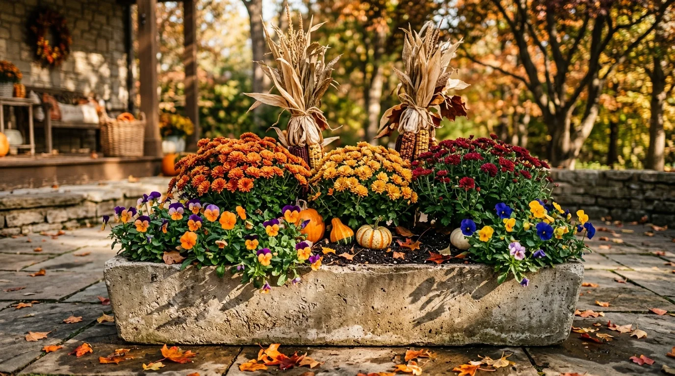 Planter With Kale and Deep Orange Flowers